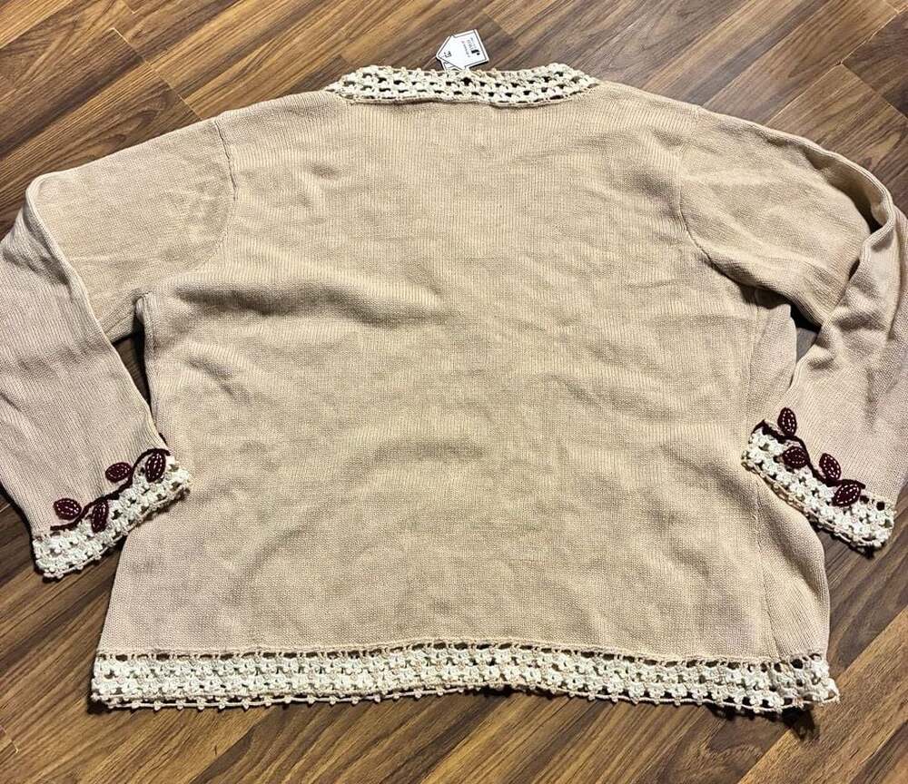 Storybook Knits Beige Cardigan with Maroon Floral Applique and Crochet Trim - Picture 2 of 4